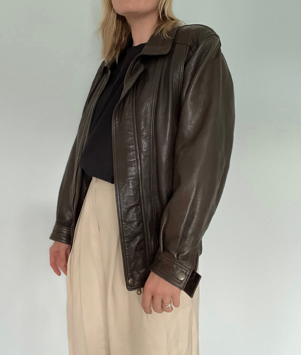 80s bitter chocolate leather bomber jacket SECOND STORIES