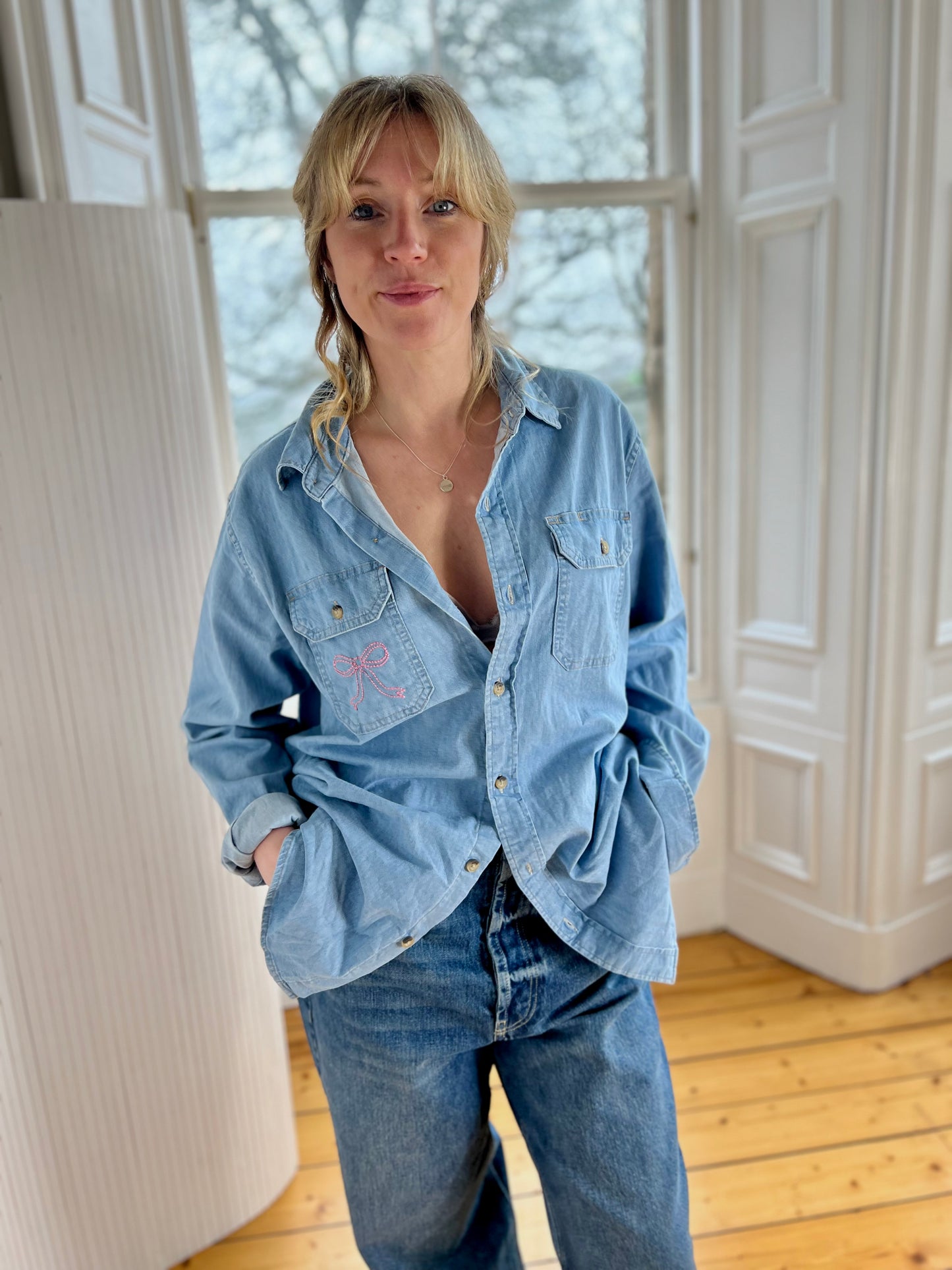Forget-me-not hand embroidered denim shirt