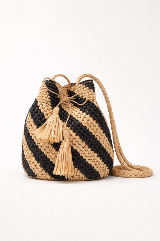 Striped raffia bag