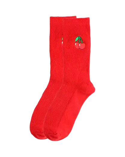 Red ribbed cotton embroidered cherry socks