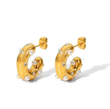 Load image into Gallery viewer, 18k Gold plated crystal and pearl encrusted hoop earrings