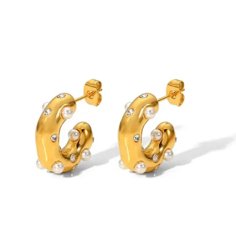 18k Gold plated crystal and pearl encrusted hoop earrings