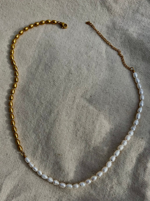 LUNA; Freshwater Pearl and gold nugget necklace