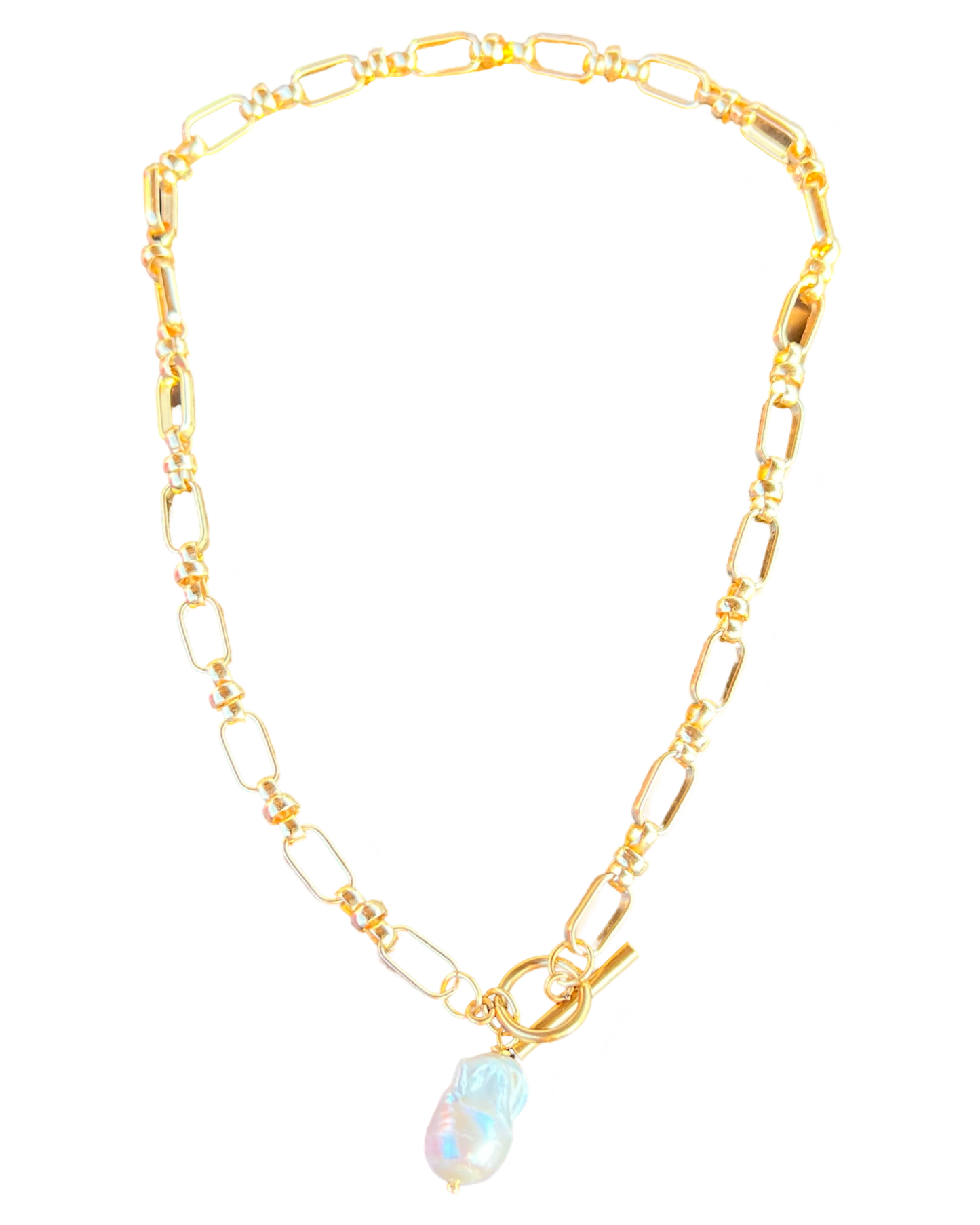 Gold plated thread through necklace with large baroque pearl pendant