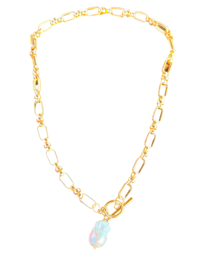 Celeste chunky gold plated thread through necklace with large baroque pearl pendant