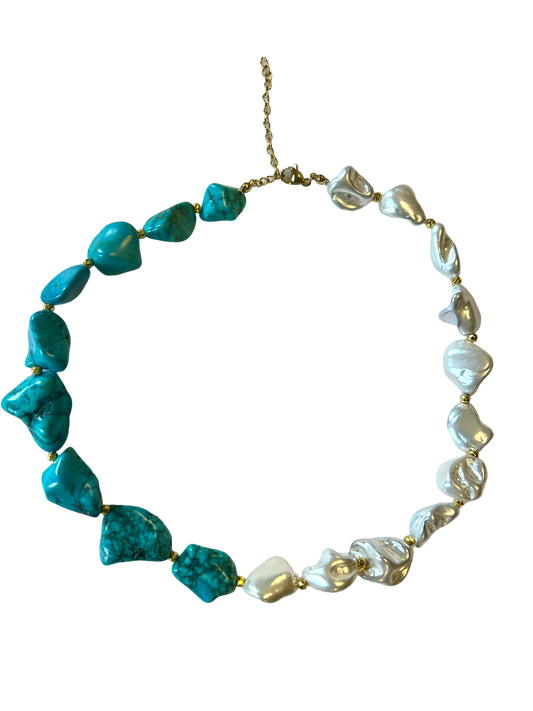 Pearl and turquoise chunky stone necklace