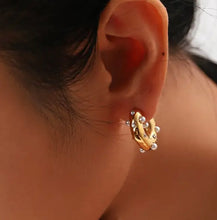 Load image into Gallery viewer, 18k Gold plated crystal and pearl encrusted hoop earrings