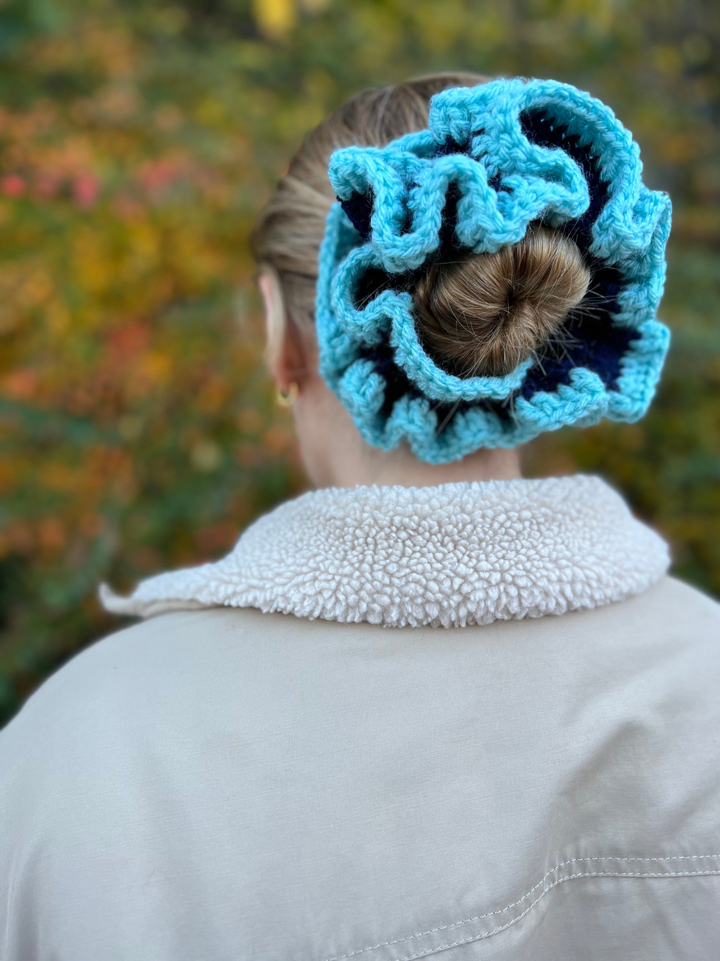 Turquoise and Navy Crochet XL Scrunchie