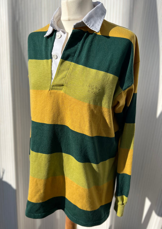 Yellow, green and chartreuse striped rugby shirt