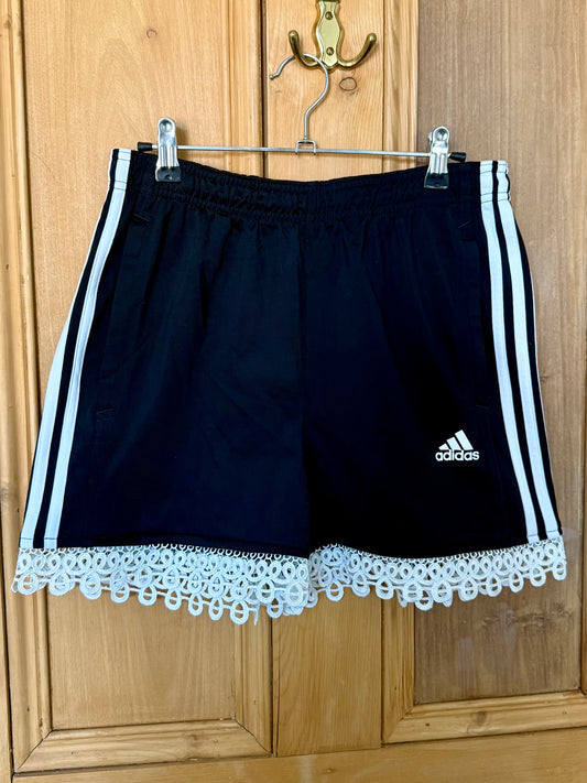 Reworked black and white Adidas lace trim shorts