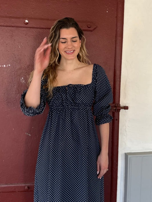 The Valentine Maxi in Navy polka dot