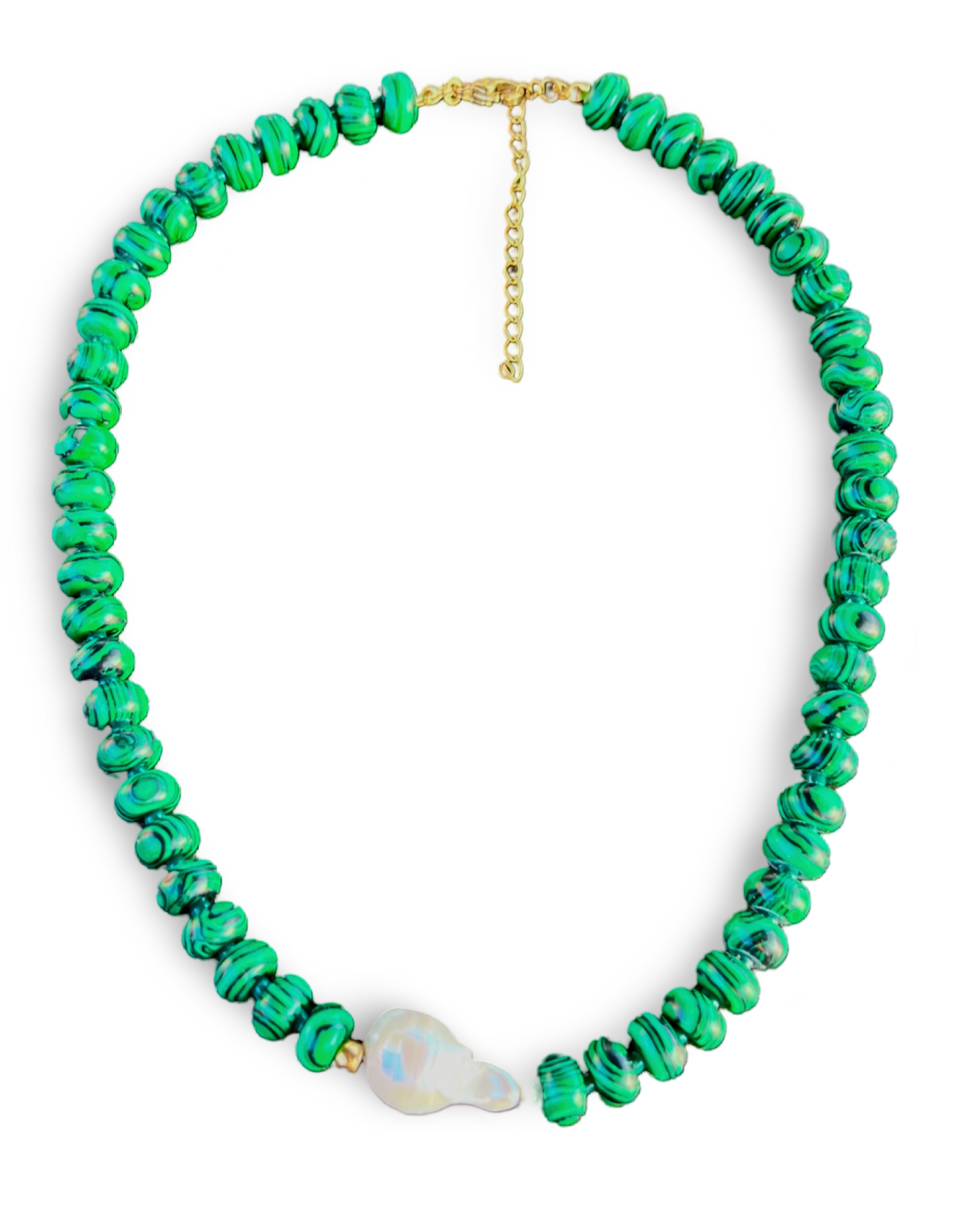 Malachite beaded necklace with baroque pearl centre