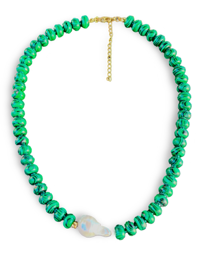 Malachite beaded necklace with baroque pearl centre