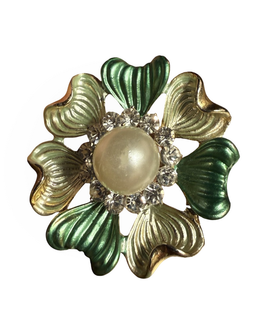 1960s Enamel Flower Brooch with Faux Pearl Centre