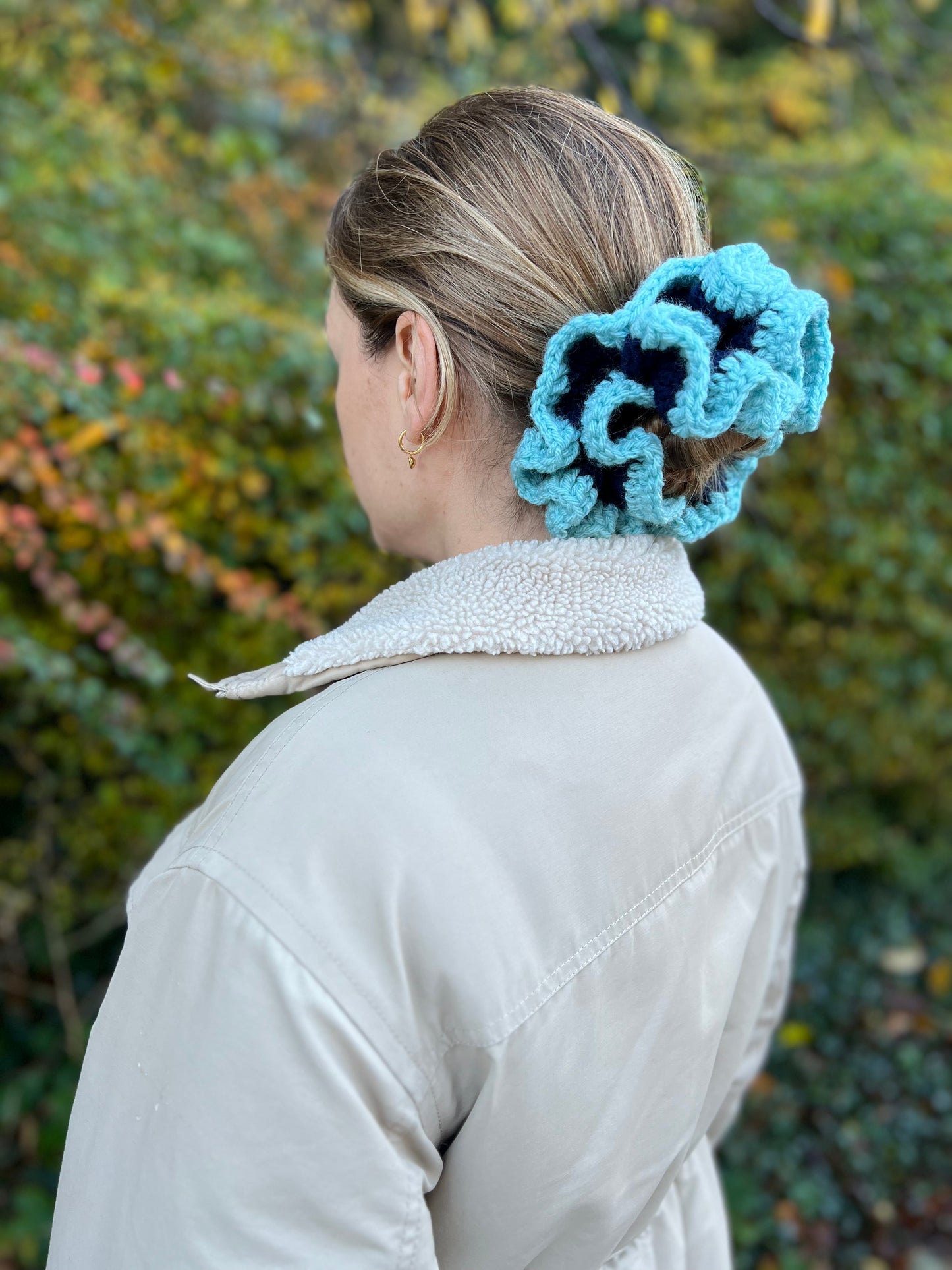 Turquoise and Navy Crochet XL Scrunchie