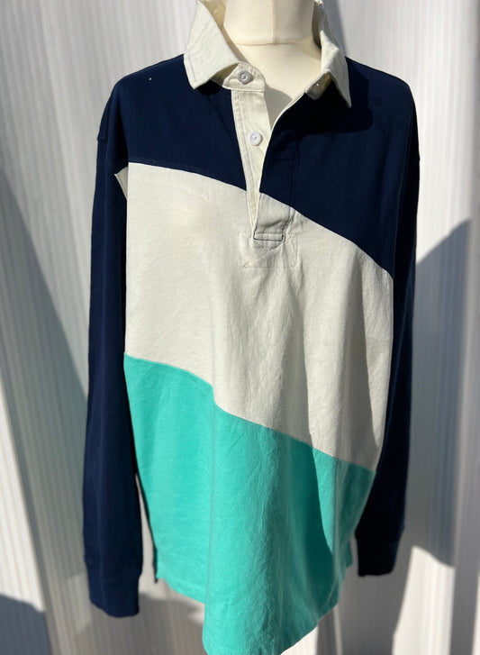 Diagonal spliced navy, white and aqua rugby shirt