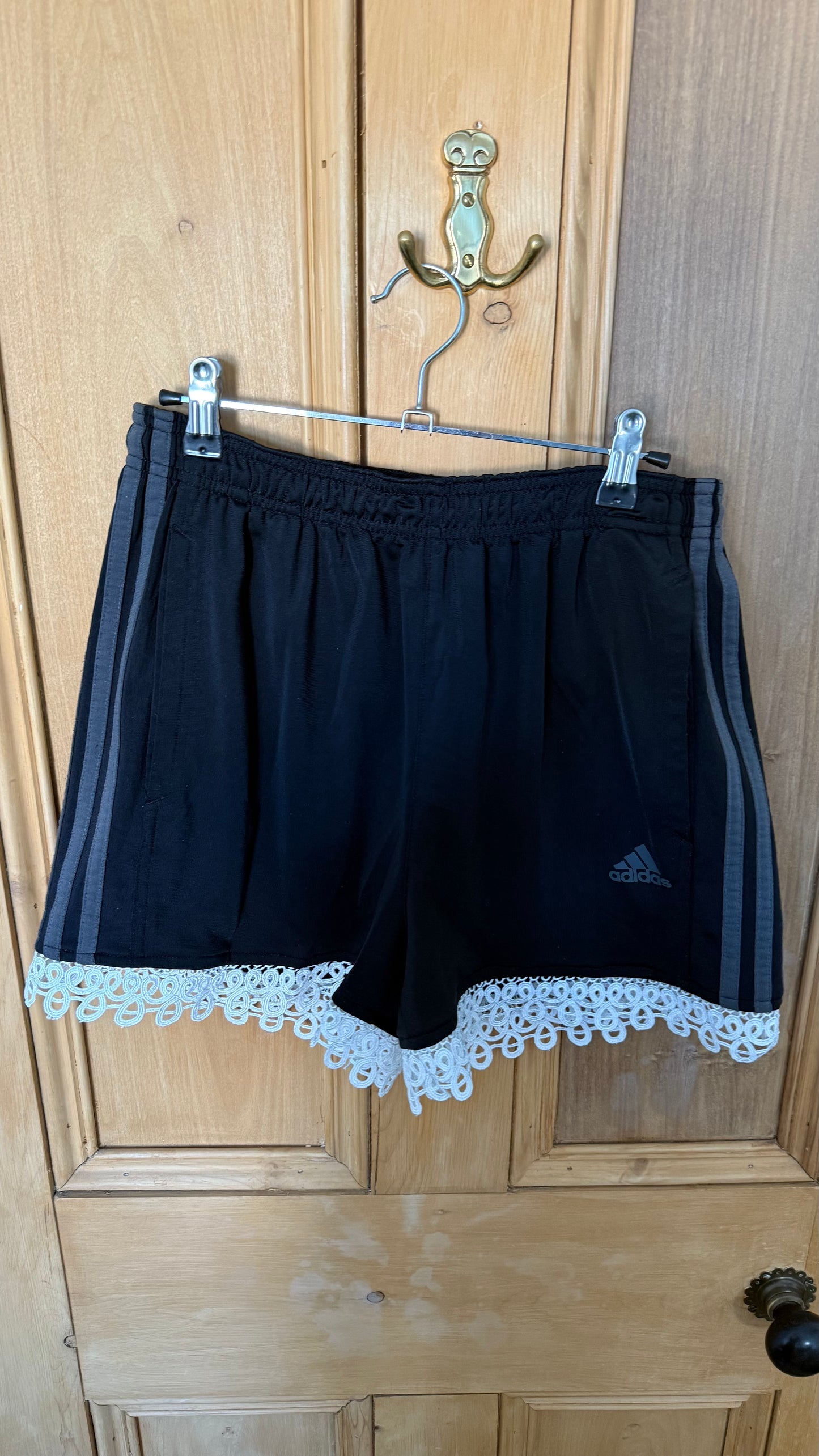 Reworked black and grey Adidas lace trim shorts
