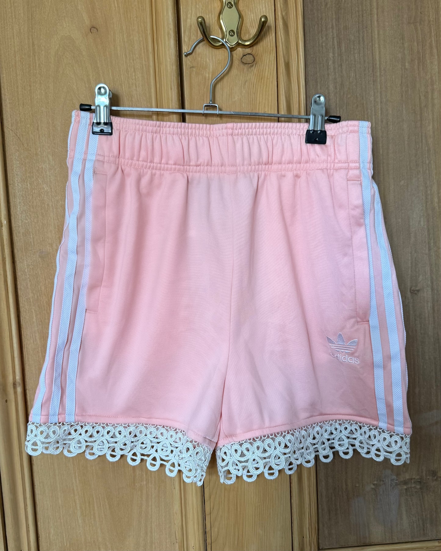 Reworked pink & white Adidas lace trim shorts - M