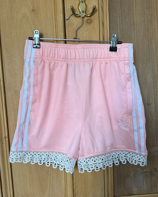 Reworked pink & white Adidas lace trim shorts - M