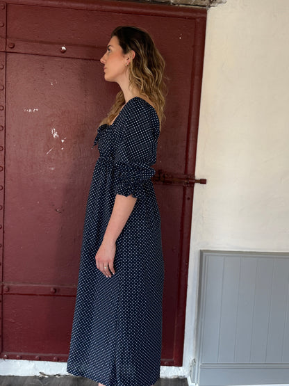 The Valentine Maxi in Navy polka dot