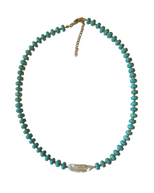 Turquoise beaded necklace with baroque pearl centre
