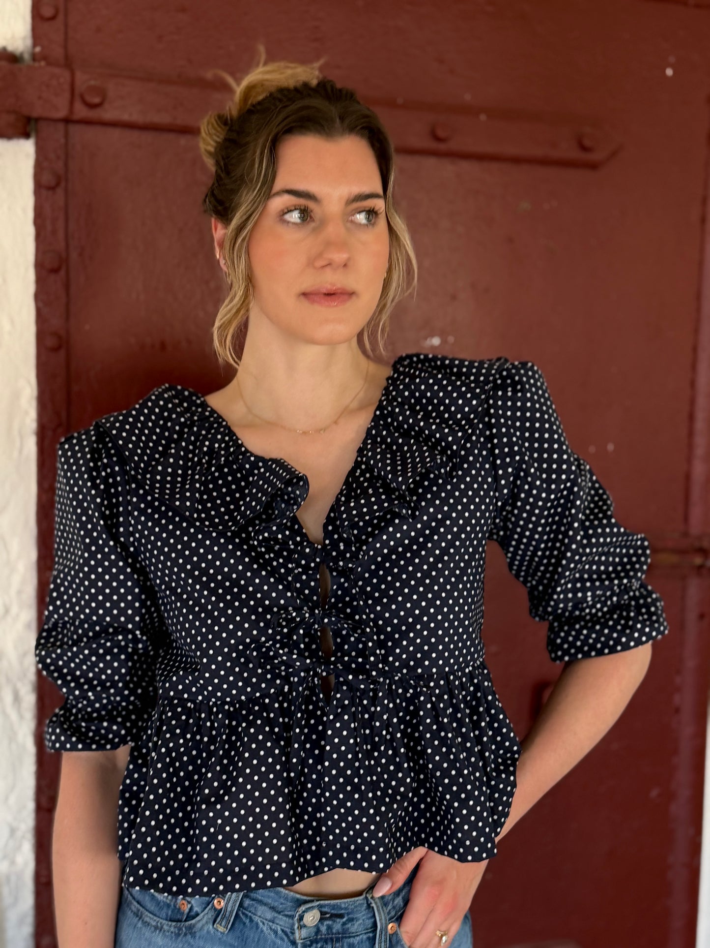 The Florence top - Navy polka dot