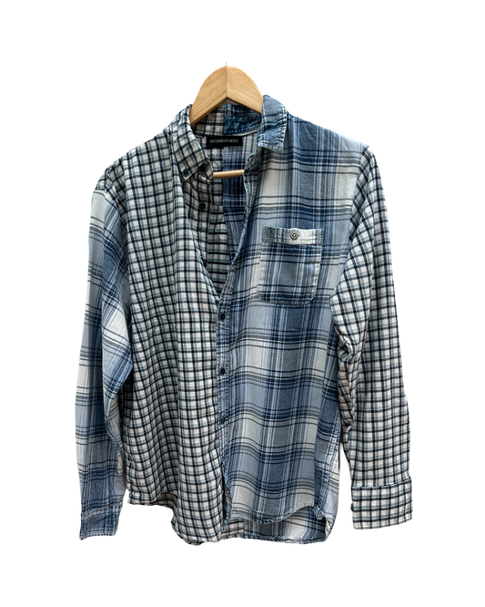 Reworked vintage check shirt- Denim and blue mix (L)