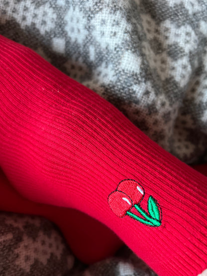 Red ribbed cotton embroidered cherry socks