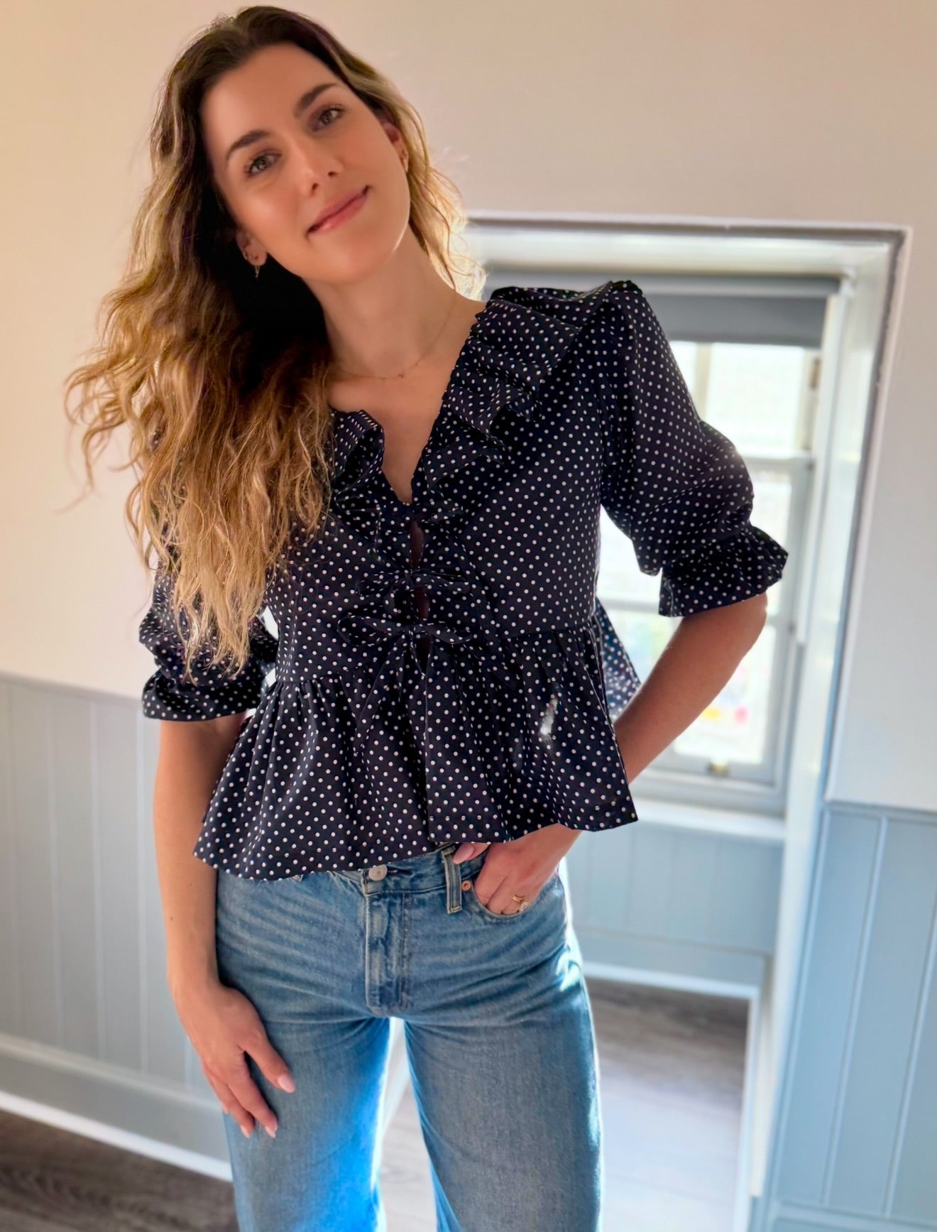 The Florence top - Navy polka dot