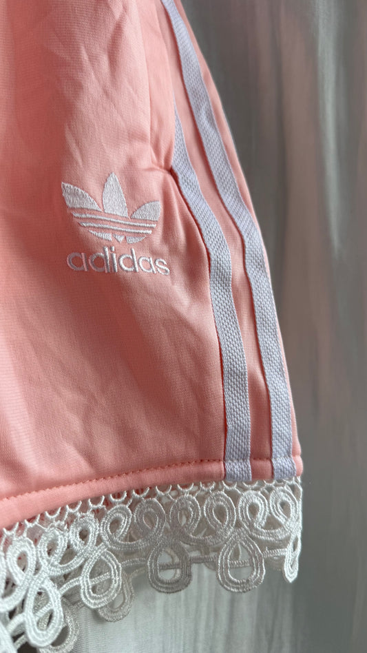 Reworked pink & white Adidas lace trim shorts - M