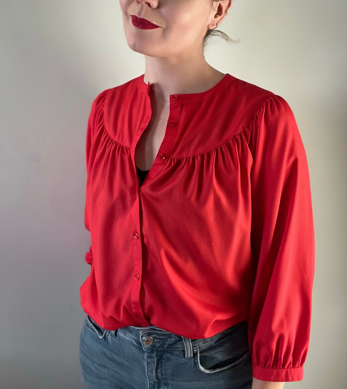 80s red gathered yoke shirt