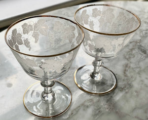 Pair of 1950s etched coupe glasses