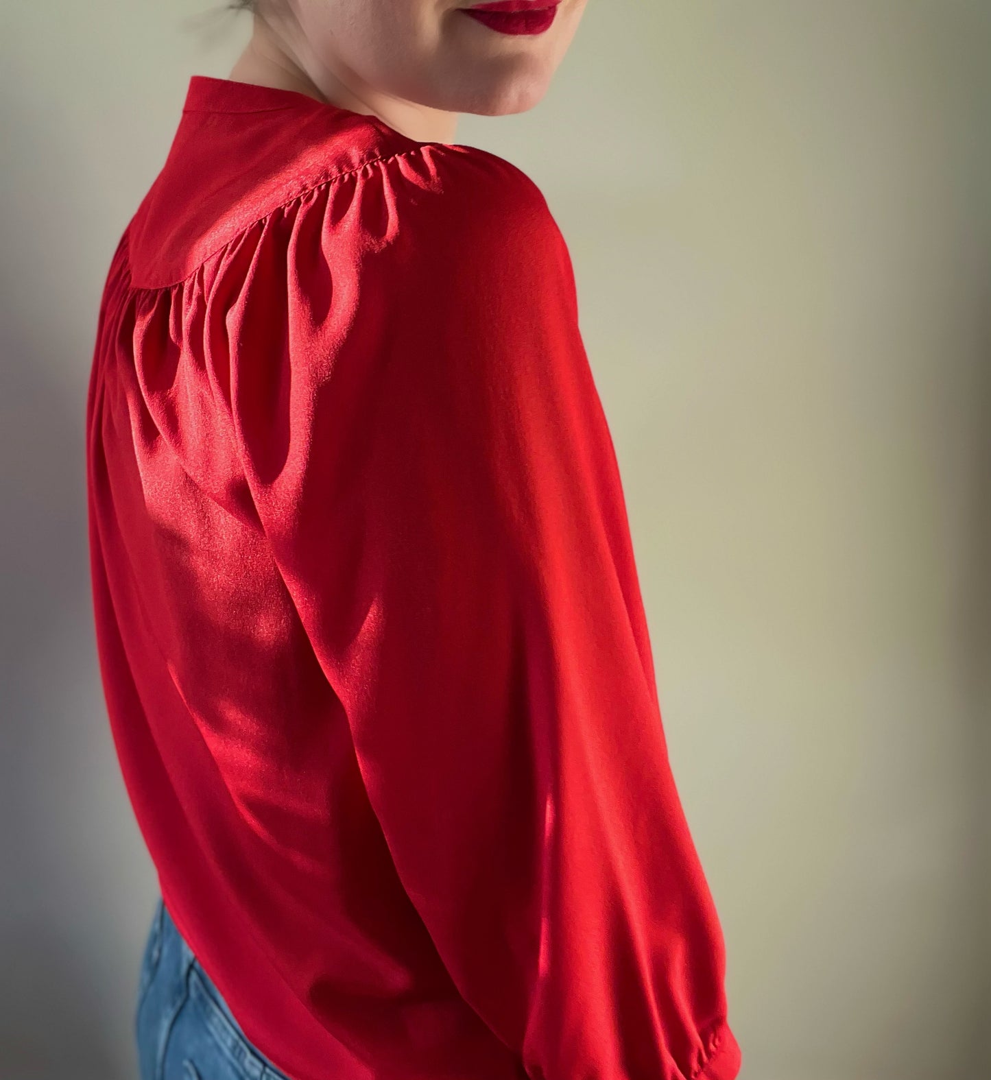 80s red gathered yoke shirt